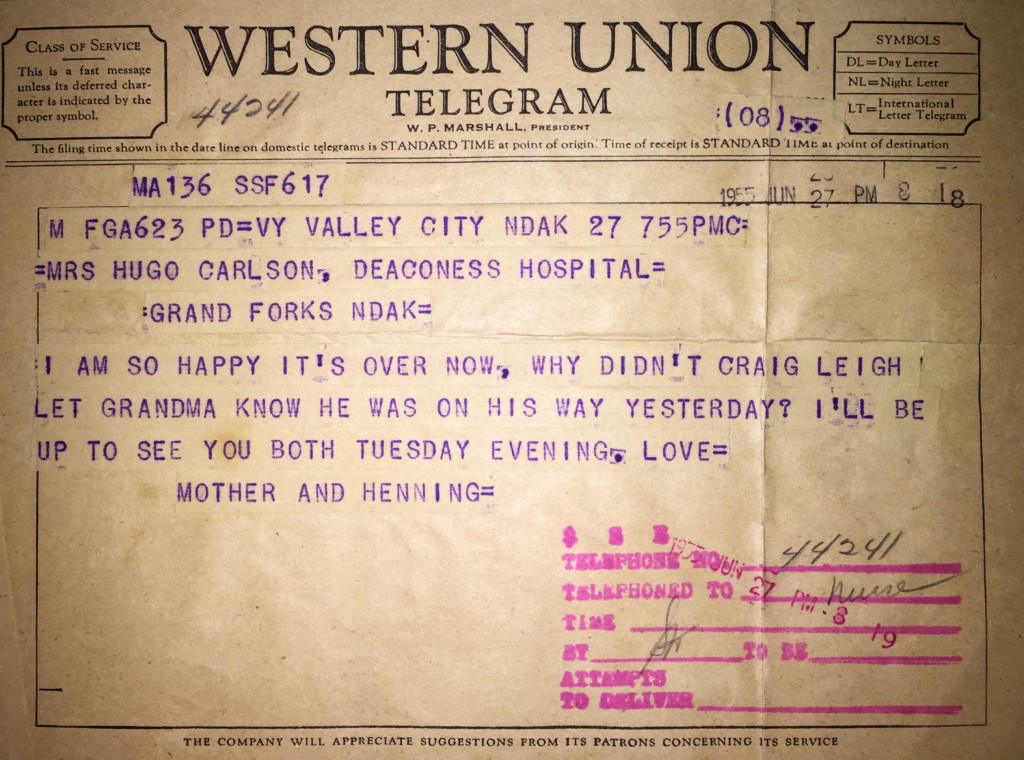 Telegram From Mother Lonnie, Received by LaRae After Birth of Her Son