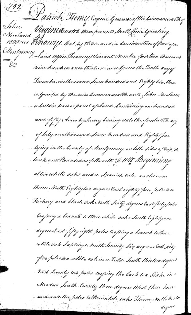 December 2, 1785 Land Grant to John Newland