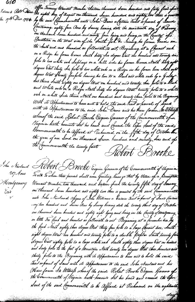 October 18, 1796 Land Grant to John Newland