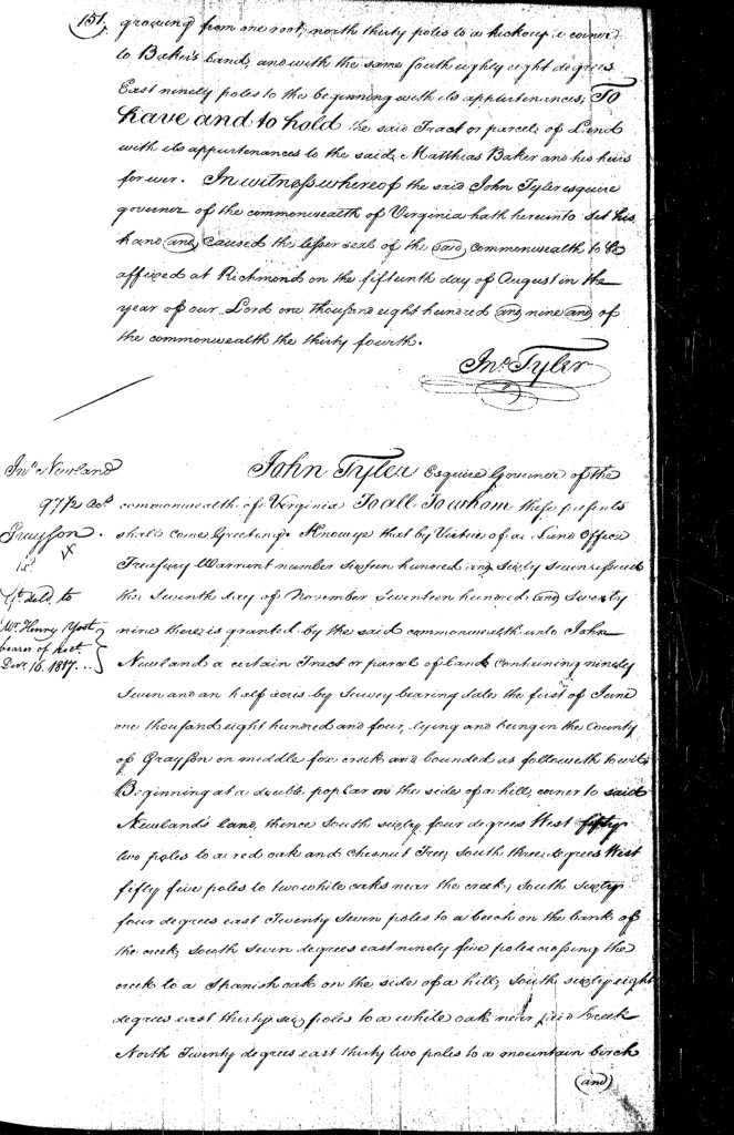 August 15, 1809 Land Grant to John Newland