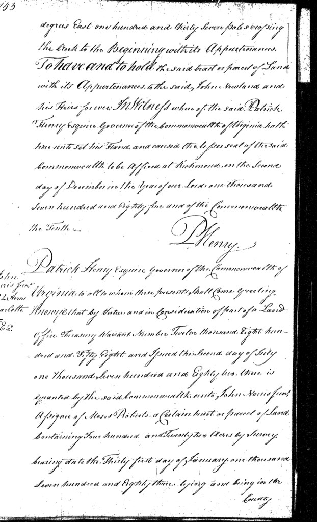 December 2, 1785 Land Grant to John Newland (page 2)